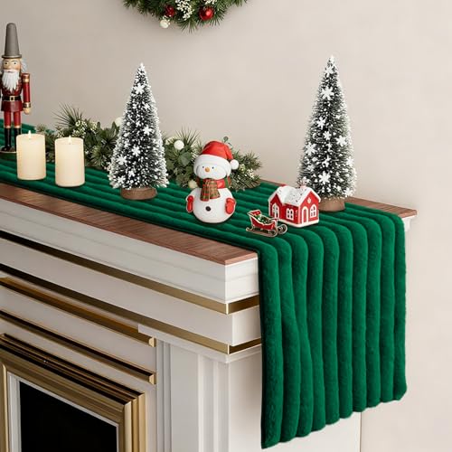Christmas Table Runner 13x36 Inch Faux Rabbit Fur Holiday Decor - Green