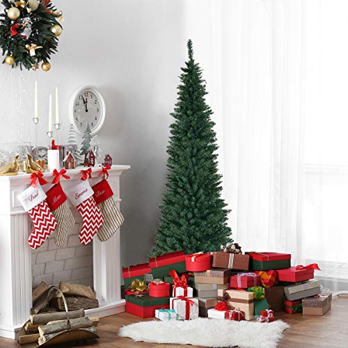 GIANTEX 7ft Artificial Pencil Christmas Tree with Hinged Branches & Metal Stand - Green, Space-Saving Holiday Decor