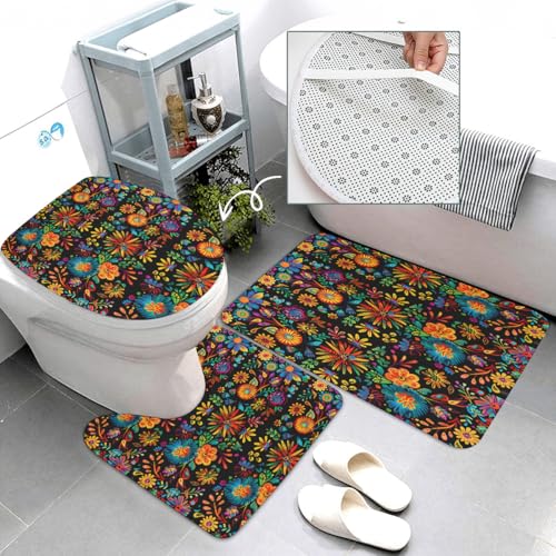 Mexican Floral 4-Piece Bathroom Set with Shower Curtain & Mats - Black