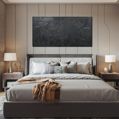 Large Black Abstract Hand-Painted Canvas Wall Art, 24" x 47" Textured Mural