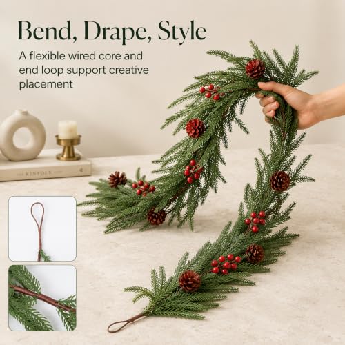 VellXelZor 9FT Artificial Christmas Garland Norfolk Pine with Berries and Pinecones