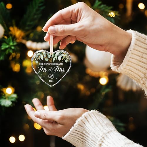 Mr & Mrs 2026 Heart Glass Ornament - Newlywed Wedding Gift Keepsake