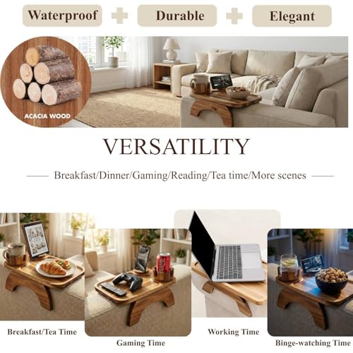 Acacia Wood Couch Armrest Tray with Rotating Phone & Cup Holder