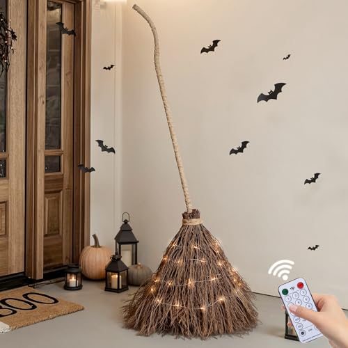 6FT Lighted Witch Broom Halloween Decoration - Rustic Real Twig Porch Decor