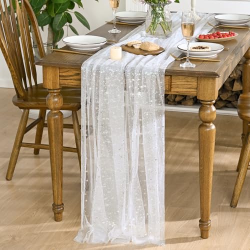 Horaldaily White Silver Star Gauze Tablecloth 60x140 Inch Rectangular Home Decor
