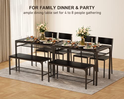4-Piece Dining Table Set for 4 with Bench and Built-In Storage Racks - Black