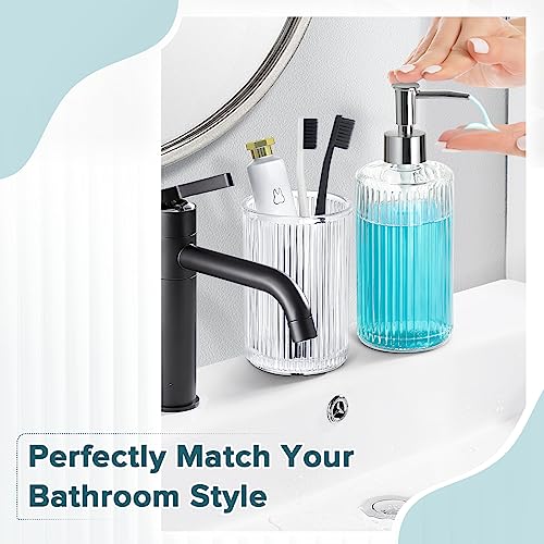 4-Piece Ribbed Glass Bathroom Accessory Set - Soap Dispenser & Holder Kit