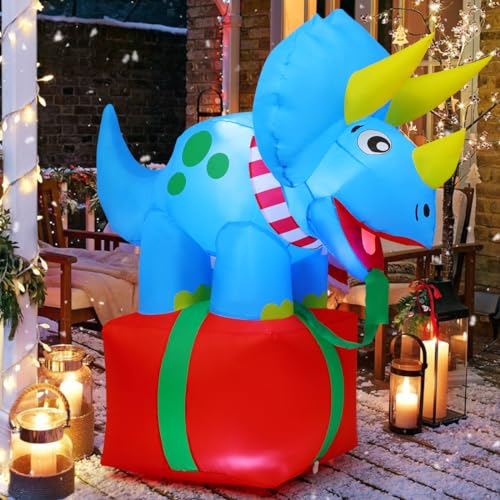5FT Christmas Inflatable Dinosaur with Gift Box Outdoor Decor