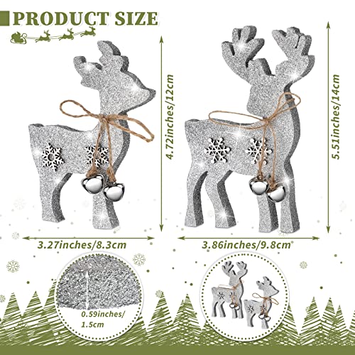 Sanwuta 2-Piece Reindeer Tabletop Decor – Wooden Elk Figurines with Silver Bell (Mother & Calf)