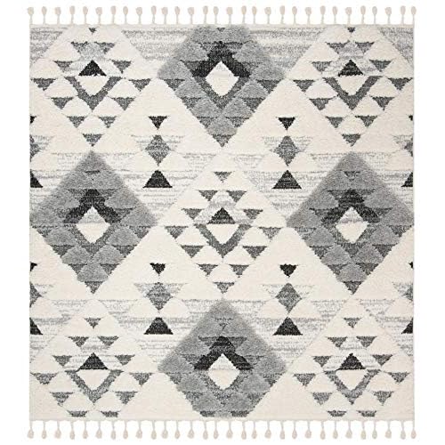 SAFAVIEH Moroccan Tassel Shag Collection Area Rug - 3' Square, Ivory & Grey, Boho Design, Non-Shedding & Easy Care, 2-inch Thick Ideal for High Traffic Areas in Living Room, Bedroom (MTS688F)