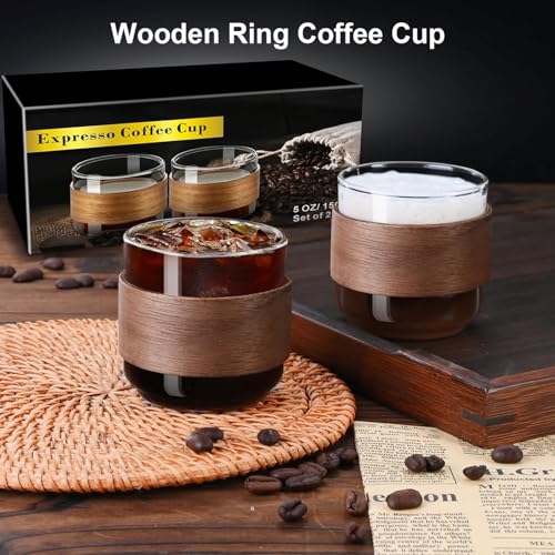 PARACITY 5 oz Espresso Shot Cups Set of 2 with Wooden Ring - Heat-Resistant Borosilicate Glass