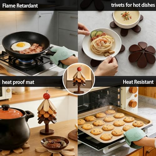 Rainbow-Colored 5Pcs Foldable Pine Wood Christmas Tree Trivet Set with Stand and Silicone Oven Mitts