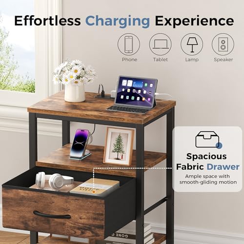 3-Tier Nightstand with Charging Station, Bedside Table with Fabric Drawer