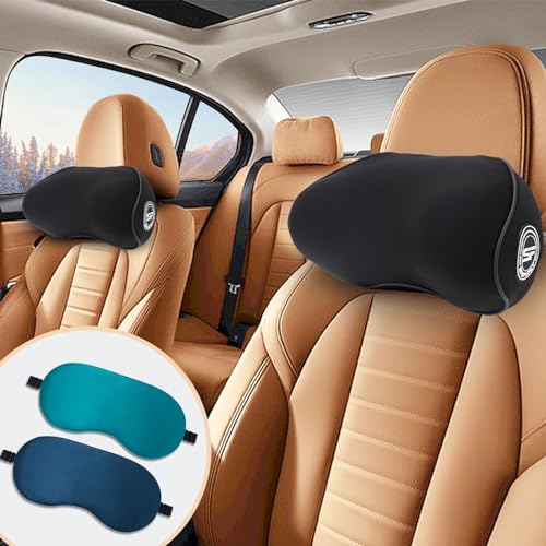 Memory Foam Car Headrest Pillow for Neck Support - 2 Pack with Sleep Masks