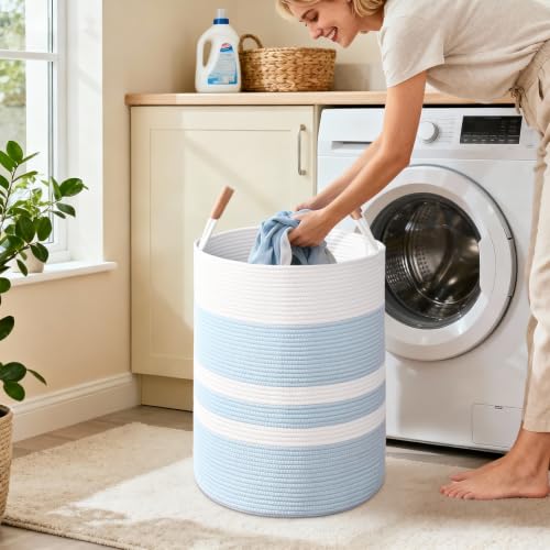 Large 60L Woven Cotton Rope Laundry Hamper with Sturdy Leather Handles
