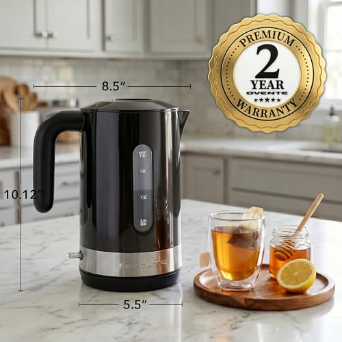 OVENTE 1.8L Electric Tea Kettle Black – Fast Boil, Easy Fill, BPA-Free