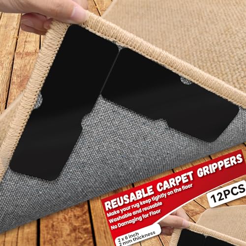 Reusable Non-Slip Rug Tape Grippers for Hardwood Floors, 12-Pack