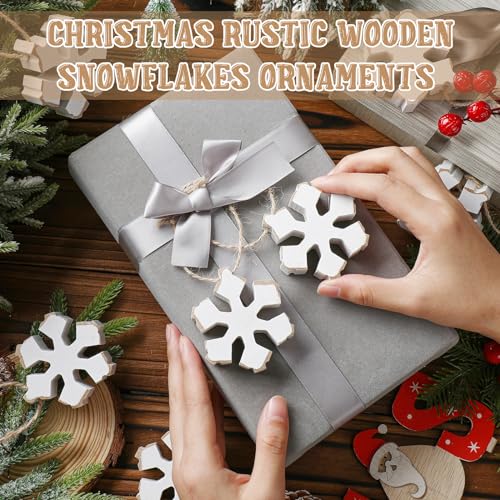 Soaoo 12 Pcs Rustic Wooden Snowflake Ornaments - 2.4 Inch Holiday Decor with Rope