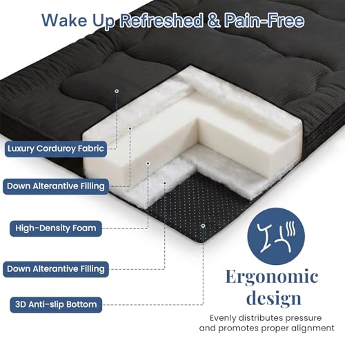 Extra Thick Japanese Futon Mattress - Full Size Foldable Floor Sleeping Pad