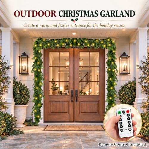 Deckit 15ft Christmas Garland with 100 LED Lights, Real-Touch PE Norfolk Pine & Cedar