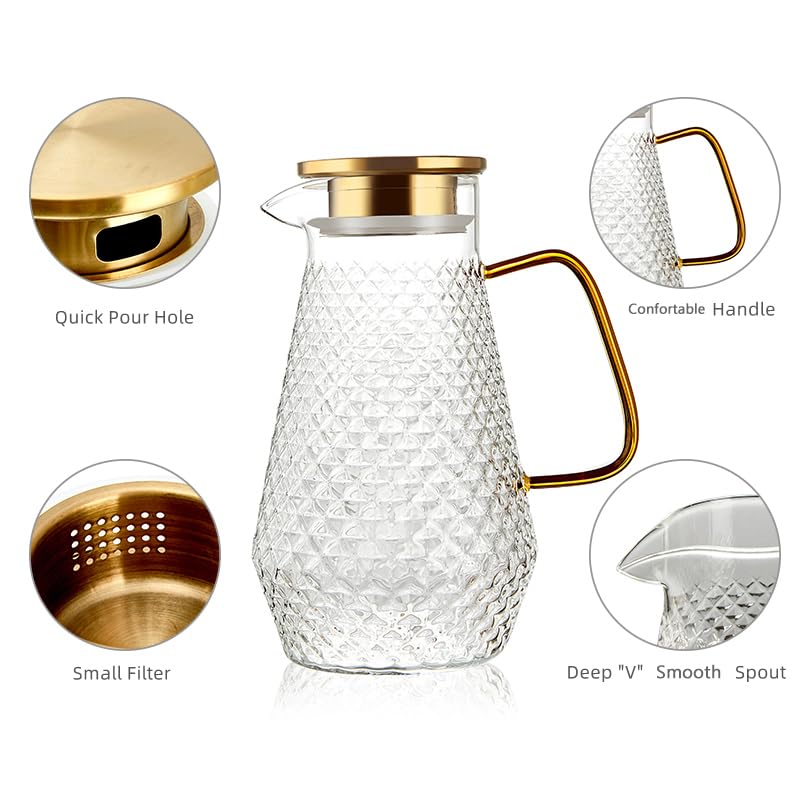 OTARTU Glass Pitcher,50oz/1.5 Liter Water Pitcher with S.S. Lid, Beverage Serveware, Iced Tea Jug,Water Carafe with Handle,Heat Resistant. Refrigerator Usable.