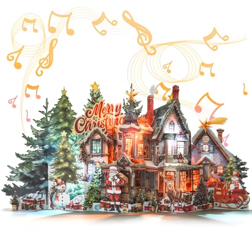TIKLANA Pop Up Christmas House Card with Lights & Music - 3D Holiday Greeting Card