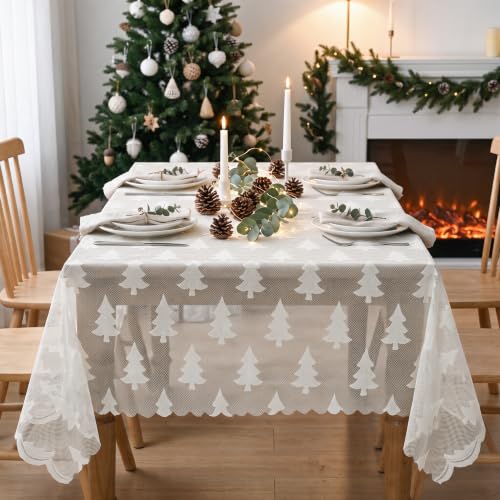 Christmas Lace Table Cloth 60x84 Inch Rectangular White Xmas Tree Decor - Horaldaily Variation of THIS listing