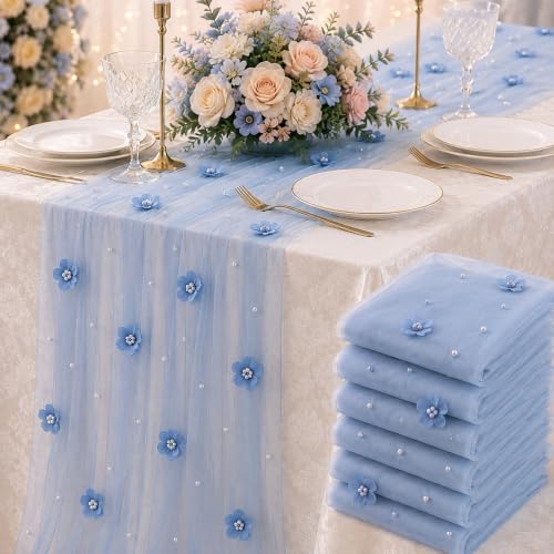 CrystalSylara Blue Pearl Tulle Table Runner 29x120'' Set of 6 Wedding Decor