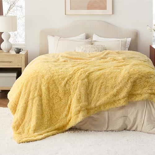 Bedsure Faux Fur Fluffy Sherpa Fleece Bed Blanket Light Yellow 108x90 King - Cozy & Reversible
