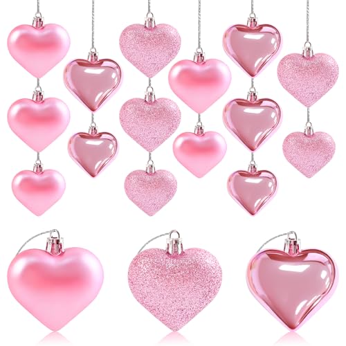 LEBERY Pink Valentine Heart Shaped Ornaments – 30Pcs Hanging Christmas & Wedding Decor (Pink)