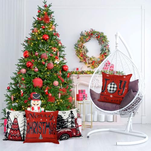 DIYDEC 4 Pack Christmas Pillow Covers 18x18 Inches Red Holiday Decor Set