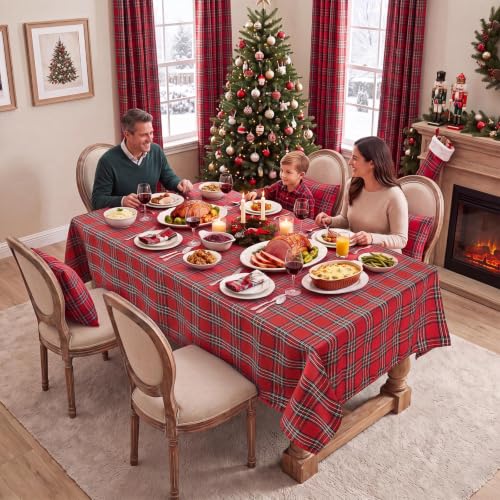 Softalker Red Checkered 54 x 80 Inch Christmas Tablecloth - Rectangle (6 ft)