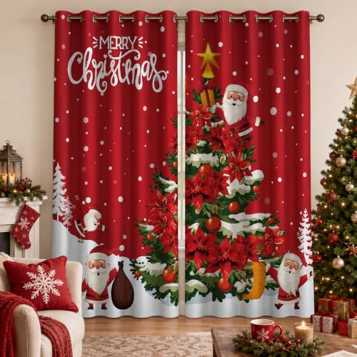 PAOPOED Christmas Room Darkening Curtains Santa Tree 52 x 96 Inches - Pack of 1
