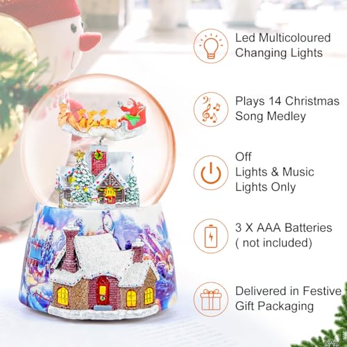 Christmas Snow Globe Music Box with LED Lights - Plays 14 Songs