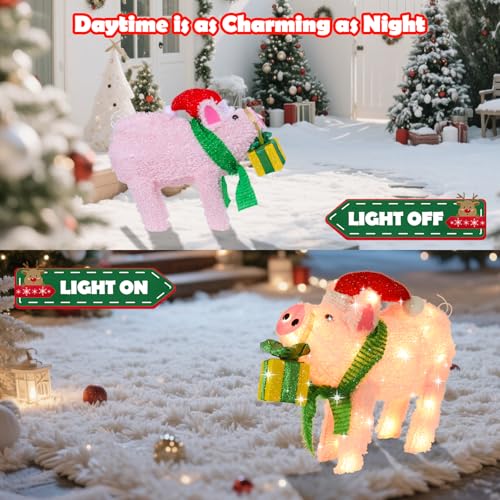Lighted Christmas Pig Decoration with Santa Hat & Gift Box (Pink) - Battery-Powered