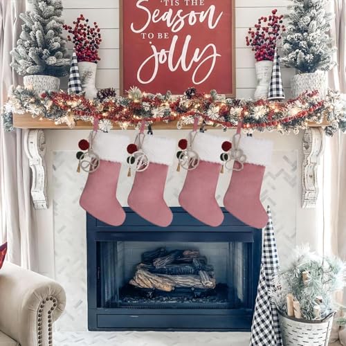 Personalized Pink Velvet Christmas Stocking with Gold Wooden Initial 19.5"