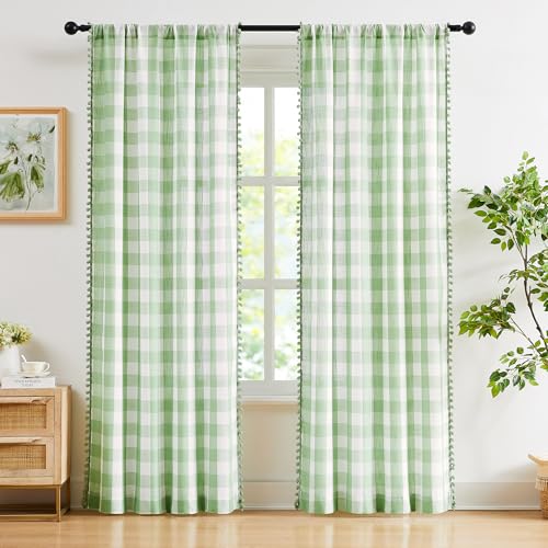 Buffalo Check Semi-Sheer Curtains with Pom Pom Trim - 84 Inch Green & White Drapes (2 Panels)
