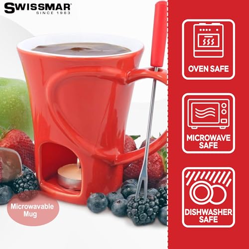 Swissmar Sweetheart 4-Piece Red Fondue Mug Set – Includes Mug, 2 Forks & Tea Light