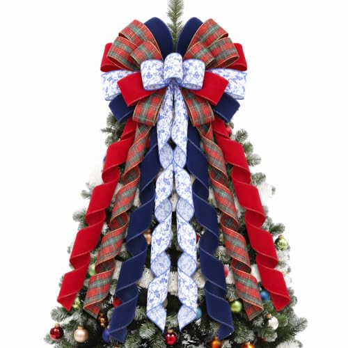 45 Inch Chinoiserie Christmas Tree Topper Tartan Bow Decor