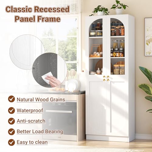 80-Inch Tall Kitchen Pantry Cabinet with Arched Glass Doors and Shelves
