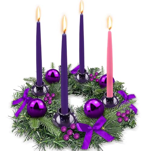 TURNMEON Ribbons Berry Balls 4-Candle Advent Wreath - Purple Fire-Retardant Centerpiece for Christmas Church Decor