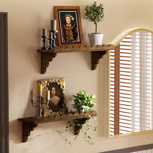 17-Inch Scalloped Floating Wall Shelf, Rustic Solid Wood Display Ledge