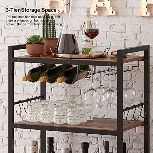3-Tier Mobile Bar Cart with Wine Rack, Glass Holder and Storage Hooks