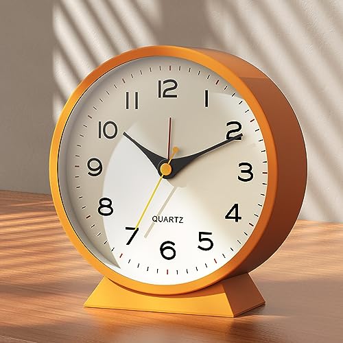 Silent 4.5" Retro Analog Alarm Clock - Non-Ticking Metal Desk Clock (Orange)