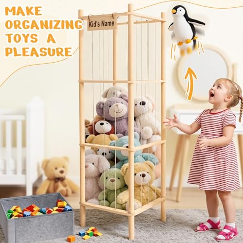 57-Inch Wooden Stuffed Animal Storage Zoo with Toy Tray and Nameplate