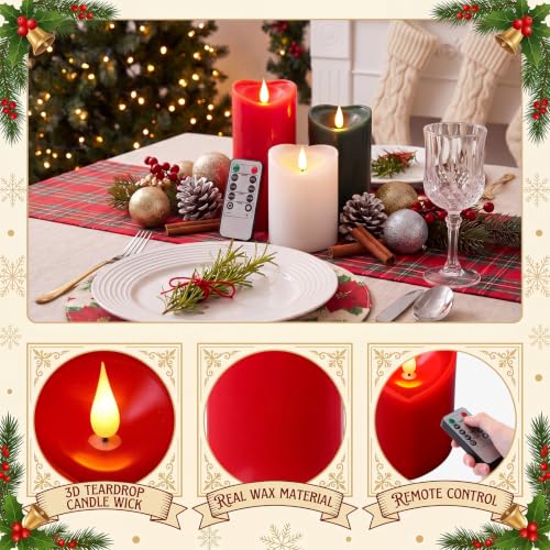 Retisee Christmas Heart Flameless Pillar Candles – 3-Piece Set with Timer, 4/5/6 Inch, Red/Green/White, Christmas Color