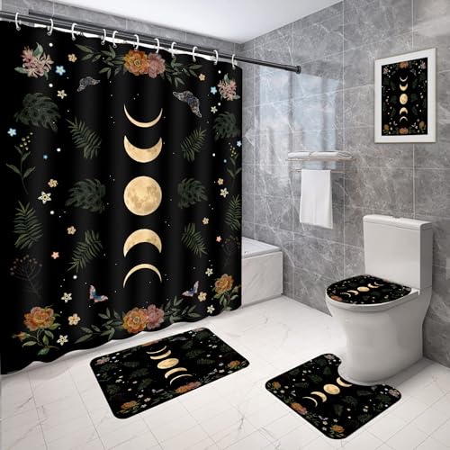 Gothic Celestial Moon Shower Curtain Set - 4-Piece Bathroom Decor Set