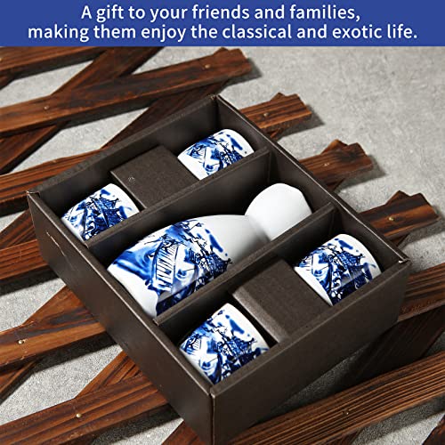 ABuff Japanese Sake Set with Ceramic Tokkuri & Ochoko Cups, Wooden Tray