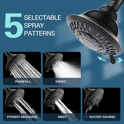 High Pressure 4.7-Inch Fixed Rain Shower Head, 5 Spray Settings, Bronze