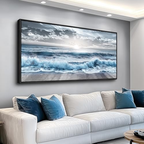 Large Ocean Wave Canvas Wall Art, Framed Seascape Painting 30x60 Inches
